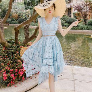 Ruffle Trim Sleeveless Lace Midi Dress