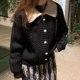 Collared Cardigan / Print Midi Skirt