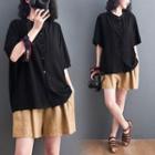 Elbow-sleeve Button-up Blouse Blouse - Black - One Size