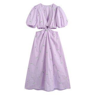 Puff-sleeve Flower Embroidered Maxi Sundress
