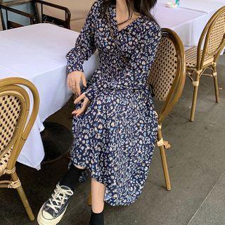 Floral V-neck Long-sleeve Midi Dress As Shown In Figure - One Size