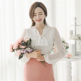 Faux-pearl Beaded Bow-front Chiffon Top