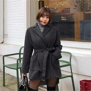 Faux-fur Lined Wool Blend Jacket With Sash