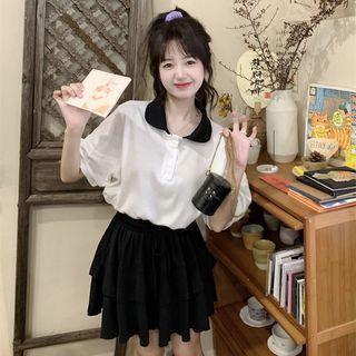 Polo-neck Two-tone Top + A-line Mini Skirt