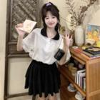 Polo-neck Two-tone Top + A-line Mini Skirt
