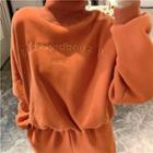 Plain Embroidered Turtle-neck Long-sleeve Sweatshirt / High-waist Pants