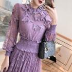 Set: Long-sleeve Butterfly Midi A-line Lace Dress + Camisole Top