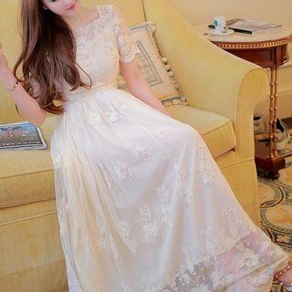 Floral Embroidered Gathered-waist Short-sleeve Plain Lace Dress