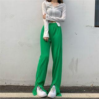 Elastic Waist Slit Wide Leg Pants