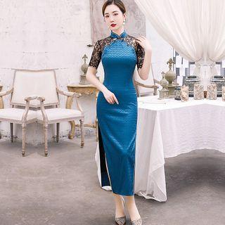 Short-sleeve Lace Panel Maxi Qipao