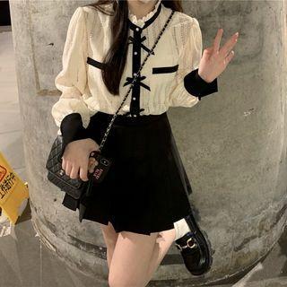 Long-sleeve Bow Blouse / Pleated Mini A-line Skirt