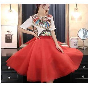 Set: Short-sleeve Print Top + Midi Skirt