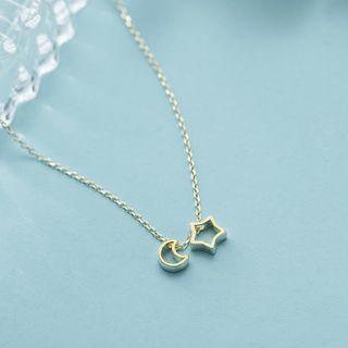 Moon & Star Pendant Necklace X114 - Gold & Silver - One Size