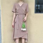 Pinstripe V-neck Short-sleeve Dress