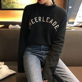 Mock Turtleneck Long-sleeve Letter Embroidered Top