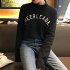 Mock Turtleneck Long-sleeve Letter Embroidered Top