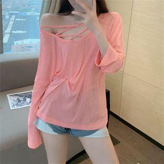 Plain Cross-strap Long-sleeve Oversize Top