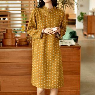 Long-sleeve Floral Print Shift Qipao Dress