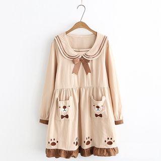 Long-sleeve Bear Embroidered Mini Dress As Shown In Figure - One Size