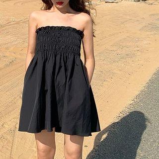Off-shoulder Ruffle-trim Dress Black - One Size