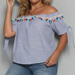 Plus Size Short-sleeve Off-shoulder Striped Blouse