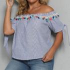 Plus Size Short-sleeve Off-shoulder Striped Blouse