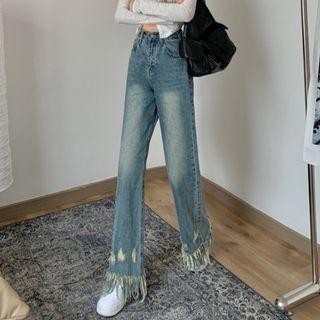 Fringed High Waist Straight Leg Jeans