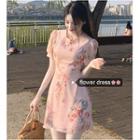 Flower Print Short-sleeve Mini A-line Dress Pink - One Size