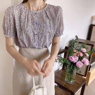 Banded-cuff Shirred Floral Blouse