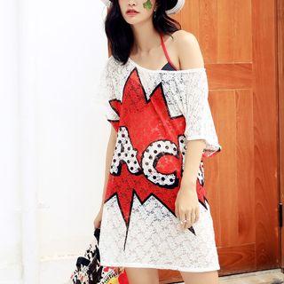 Set: Plain Bikini + Print Short-sleeve Cover-up