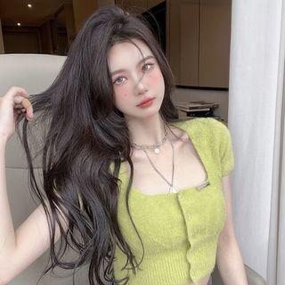 Cap-sleeve Knit Top Green - One Size