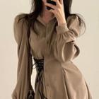 Puff-sleeve Lace-up Mini A-line Shirt Dress