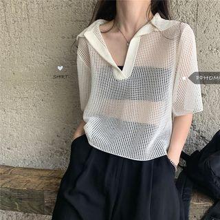 Elbow-sleeve Knit Polo Top