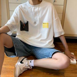Short-sleeve Applique Color Block T-shirt
