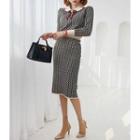 Pattern-knit Collared Top & H-line Skirt Set
