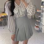Long-sleeve Striped Frill Trim Blouse / Mini A-line Skirt