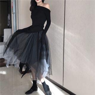 One-shoulder Mesh Panel Midi A-line Dress
