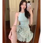 Plain Slim-fit Halter Camisole Top / Floral Print Skirt