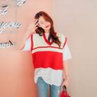 Cap-sleeve Two-tone Cropped Knit Top