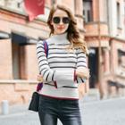 Asymmetric Collar Striped Sweater