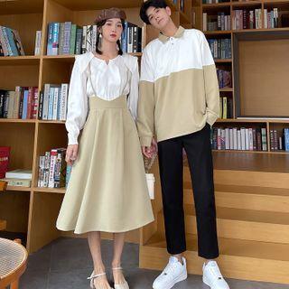 Couple Matching Plain Blouse / Two-tone Collared Sweatshirt / Cropped Straight Leg Pants / Midi Overall Dress