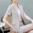 Set: Short-sleeve Plaid Blazer + Mini Pencil Skirt + Camisole Top