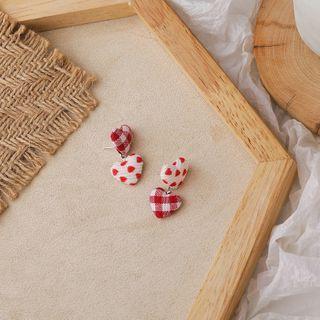 Plaid Dotted Heart Asymmetrical Dangle Earring 1 Pair - Red & White - One Size