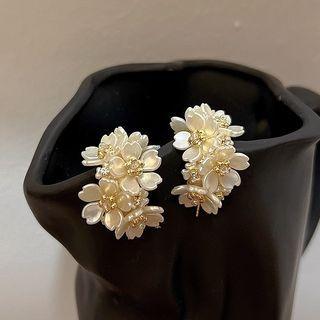 Flower Hoop Earring 1 Pair - 925 Silver Stud - Gold - One Size