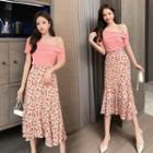 Set: One-shoulder Short-sleeve Top + Floral Print Asymmetric Midi A-line Skirt