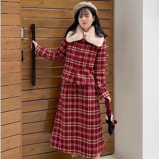 Plaid Single-breasted Jacket / A-line Midi Skirt / Furry Collar