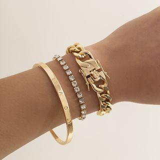 Set Of 3: Chunky Chain Bracelet + Rhinestone Alloy Bracelet + Lettering Alloy Bangle