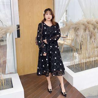 Dotted Bell-sleeve Midi A-line Dress