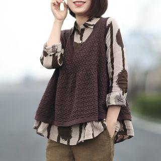 Set: Dotted Striped Shirt + V-neck Knit Vest