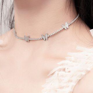 Butterfly Rhinestone Choker Gold Plating - Silver - One Size